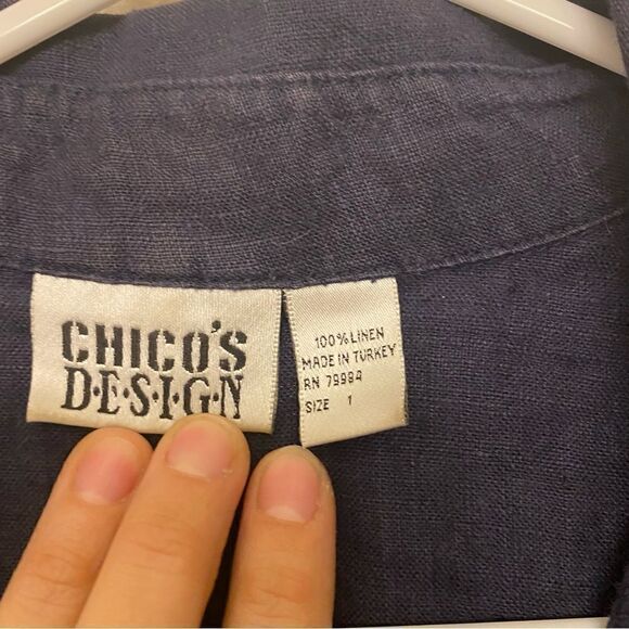 Chicos vintage Navy blue 100% linen Long sleeve button up collared shirt-1/M - Picture 4 of 7